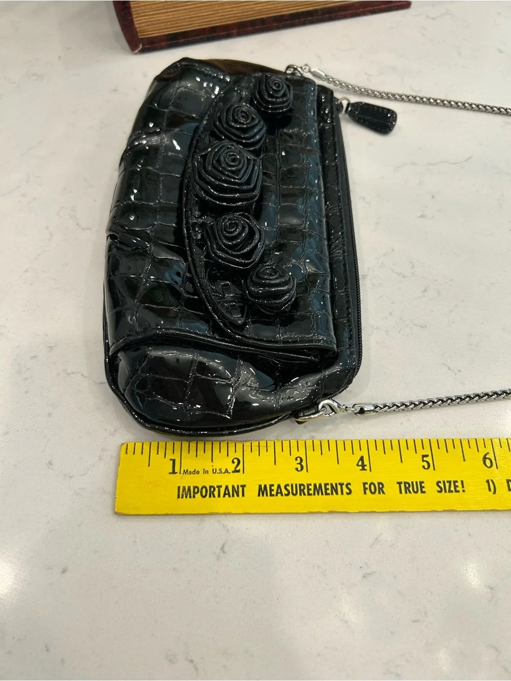 Brighton Black Patent Croc-Embossed Rose Crossbody Bag